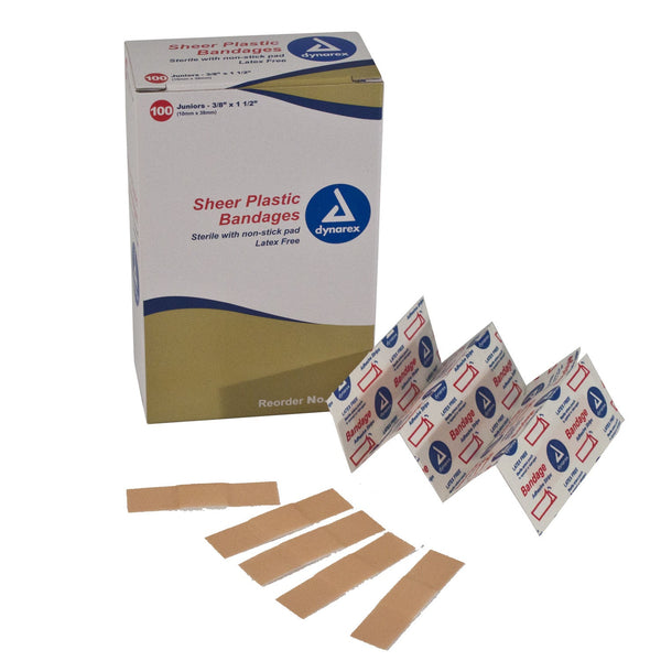 Sheer Plastic Adhesive Bandages - Junior - Sterile 3/8" X 1 1/2" - Box of 100 - Clearance