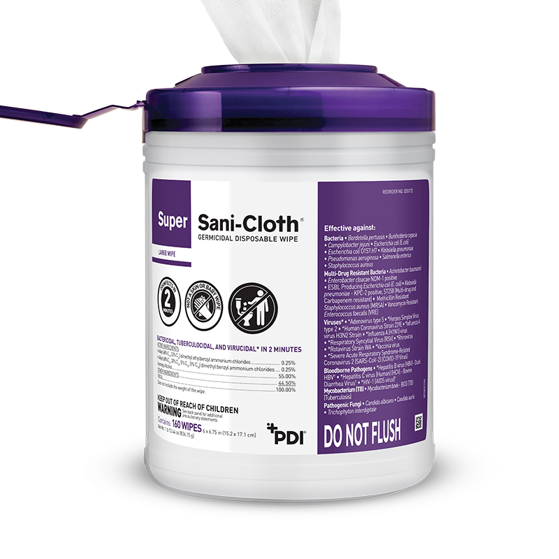PDI - Super Sani-Cloth - Germicidal Disposable Wipe - Large - 6" x 6.75" Wipe - Purple Top - 12 Tubs Per Case