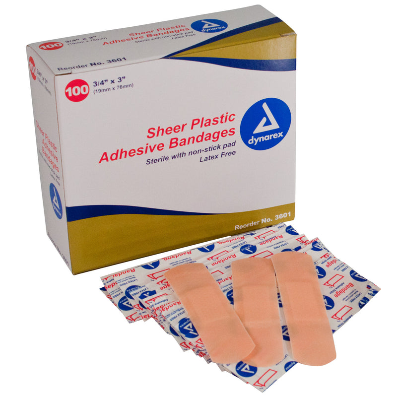 Sheer Plastic Adhesive Bandages - Sterile - 3" Length - Box of 100