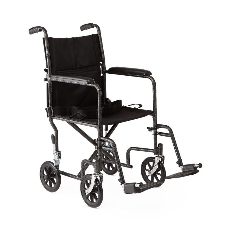 Basic Steel Transport Chair with Permanent Full-Length Arms and Swing-Away Footrests, 250 lb. Capacity, 19" Wide, Black