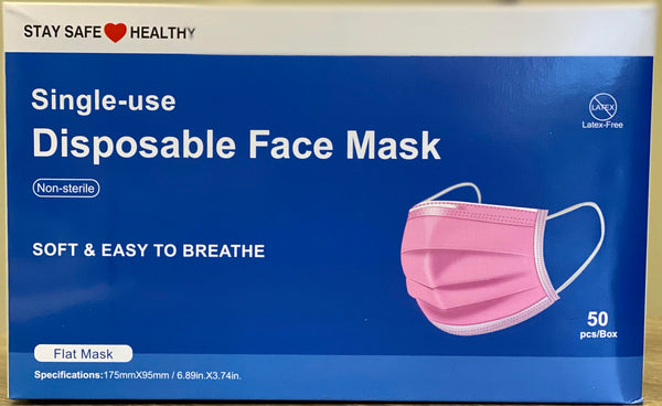 Pink 3 Ply Mask - Pack of 50 - Individually Wrapped